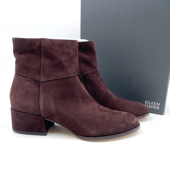 Eileen Fisher Anja Boots Chocolate Brown Suede Block Heel Ankle Sz 10 - Picture 2 of 11